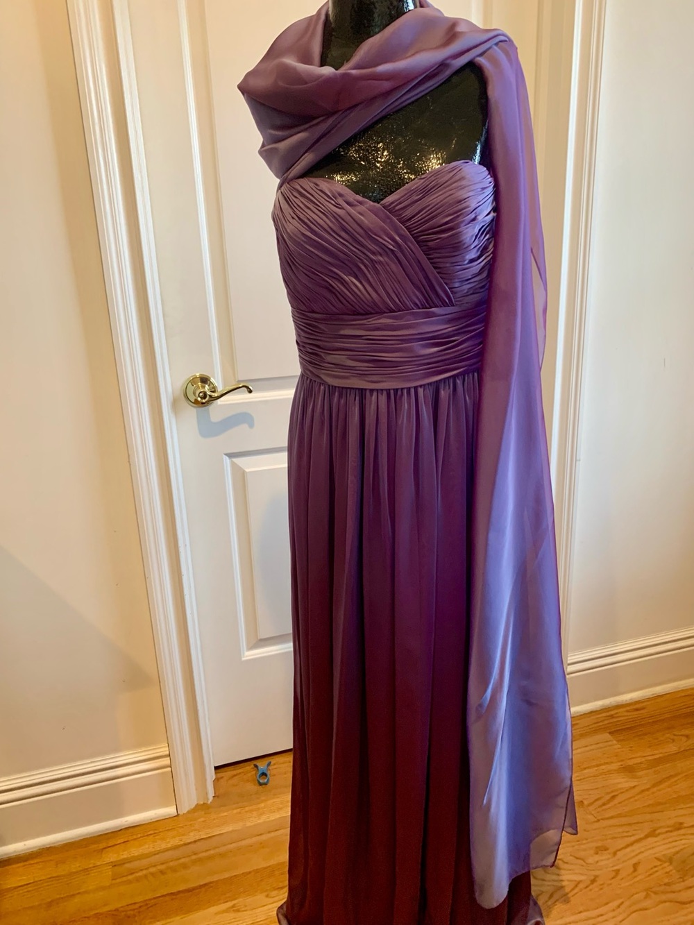Elegant Lavender Strapless Evening Gown with Sheer Shawl that is convertible.
